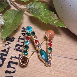 New Letter N Initial Name letter Jeweled Multicolor Brooch Personalized Gift